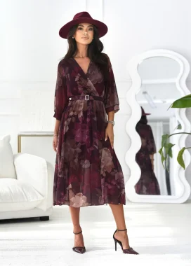 Rochie midi eleganta cu imprimeu floral in nuante bordo si curea in talie