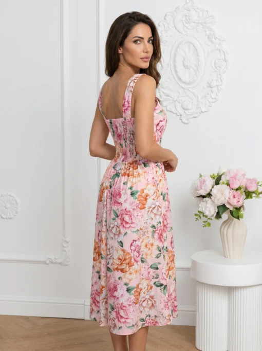 rochie-midi-eleganta-cu-imprimeu-floral-roz-si-bust-tip-corset