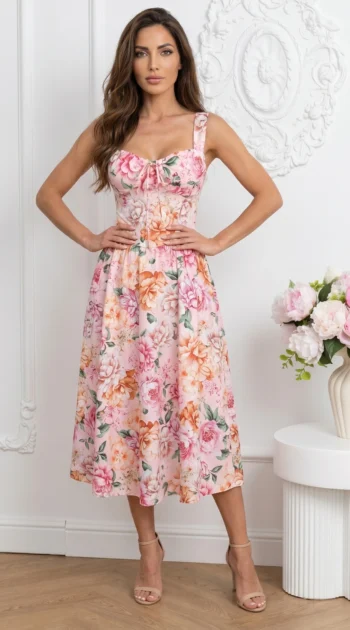 rochie-midi-eleganta-cu-imprimeu-floral-roz-si-bust-tip-corset