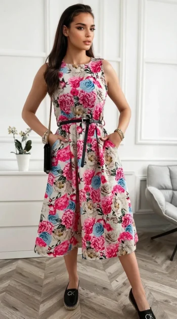 rochie-midi-eleganta-cu-imprimeu-floral-si-curea-in-talie