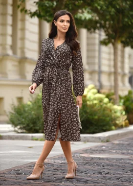 Rochie midi eleganta cu imprimeu floral si decolteu petrecut