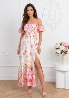 Rochie eleganta din satin cu imprimeu floral roz