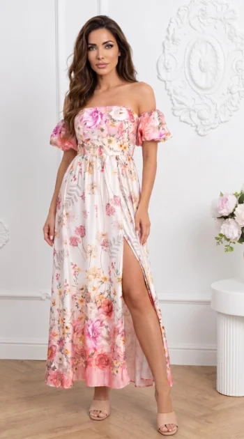 rochie-midi-eleganta-cu-maneci-bufante-si-imprimeu-floral-roz
