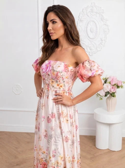 rochie-midi-eleganta-cu-maneci-bufante-si-imprimeu-floral-roz