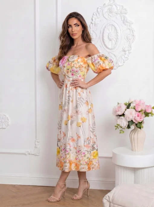 rochie-midi-eleganta-cu-umerii-lasati-maneci-bufante-si-imprimeu-floral-bogat-galben