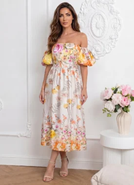 Rochie midi eleganta cu umerii lasati, maneci bufante si imprimeu floral bogat galben
