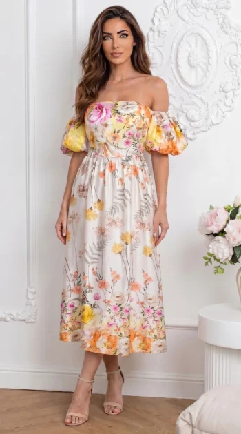 rochie-midi-eleganta-cu-umerii-lasati-maneci-bufante-si-imprimeu-floral-bogat-galben