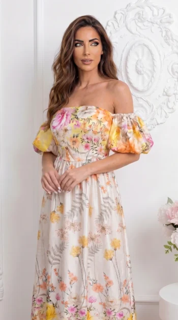 rochie-midi-eleganta-cu-umerii-lasati-maneci-bufante-si-imprimeu-floral-bogat-galben