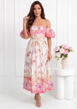 Rochie midi eleganta cu umerii lasati, maneci bufante si imprimeu floral bogat roz