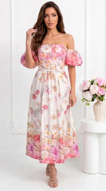 rochie-midi-eleganta-cu-umerii-lasati-maneci-bufante-si-imprimeu-floral-bogat-roz
