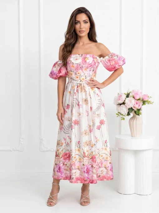 rochie-midi-eleganta-cu-umerii-lasati-maneci-bufante-si-imprimeu-floral-bogat-roz