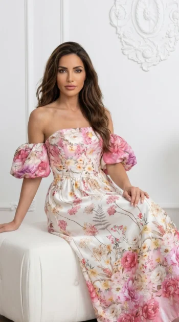 rochie-midi-eleganta-cu-umerii-lasati-maneci-bufante-si-imprimeu-floral-bogat-roz