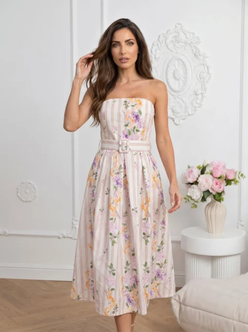 rochie-midi-eleganta-din-bumbac-cu-imprimeu-floral-dungat