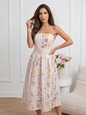 Rochie midi eleganta din bumbac cu imprimeu floral-dungat