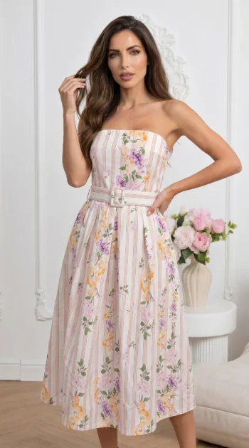 rochie-midi-eleganta-din-bumbac-cu-imprimeu-floral-dungat