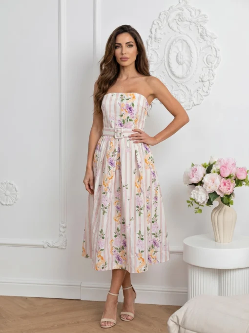 rochie-midi-eleganta-din-bumbac-cu-imprimeu-floral-dungat