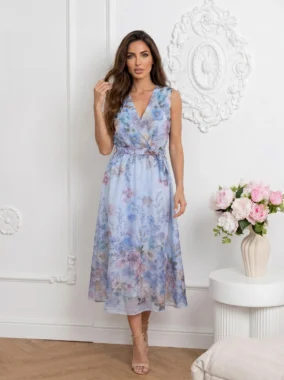 Rochie midi eleganta din tencel cu imprimeu floral albastru