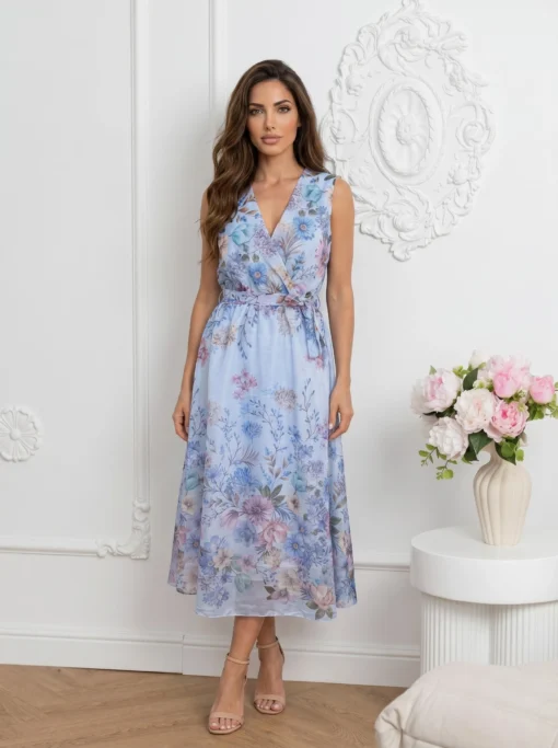 rochie-midi-eleganta-din-tencel-cu-imprimeu-floral-albastru