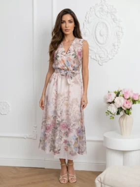 Rochie midi eleganta din tencel cu imprimeu floral pastelat