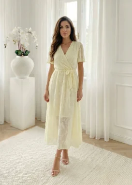 Rochie midi eleganta galben pai cu textura florala