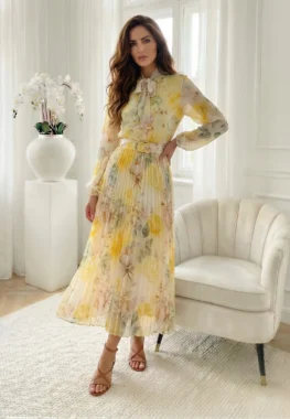Rochie midi eleganta galbena cu imprimeu floral si fusta plisata