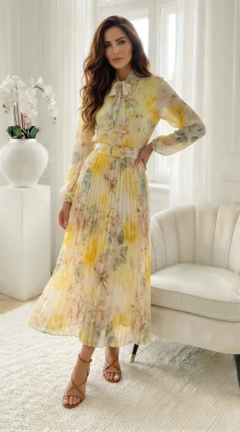 rochie-midi-eleganta-galbena-cu-imprimeu-floral-si-fusta-plisata