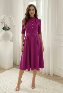 Rochie midi eleganta magenta cu nasturi tip perla si curea