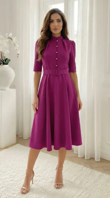 rochie-midi-eleganta-magenta-cu-nasturi-tip-perla-si-curea
