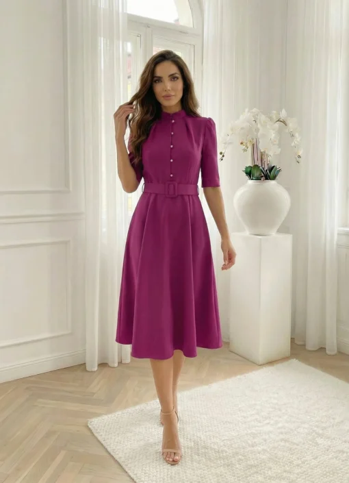 rochie-midi-eleganta-magenta-cu-nasturi-tip-perla-si-curea