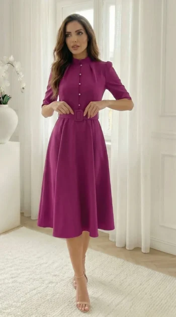 rochie-midi-eleganta-magenta-cu-nasturi-tip-perla-si-curea