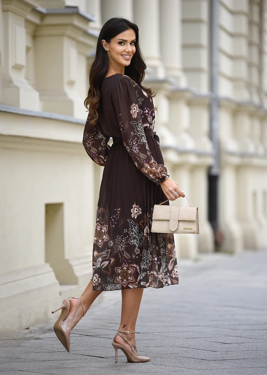 Rochie midi eleganta maro cu imp... - 2 | YEO