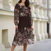 rochie-midi-eleganta-maro-cu-imprimeu-floral-si-curea