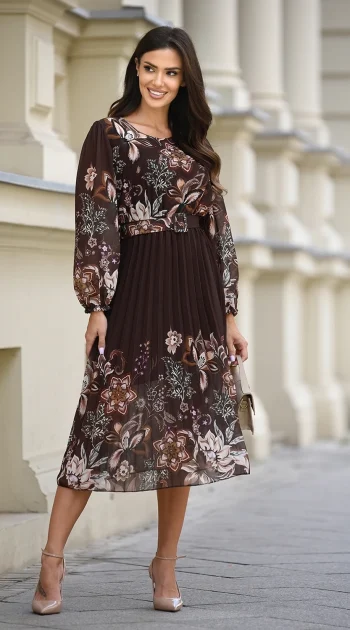 rochie-midi-eleganta-maro-cu-imprimeu-floral-si-curea