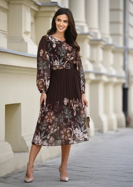 rochie-midi-eleganta-maro-cu-imprimeu-floral-si-curea