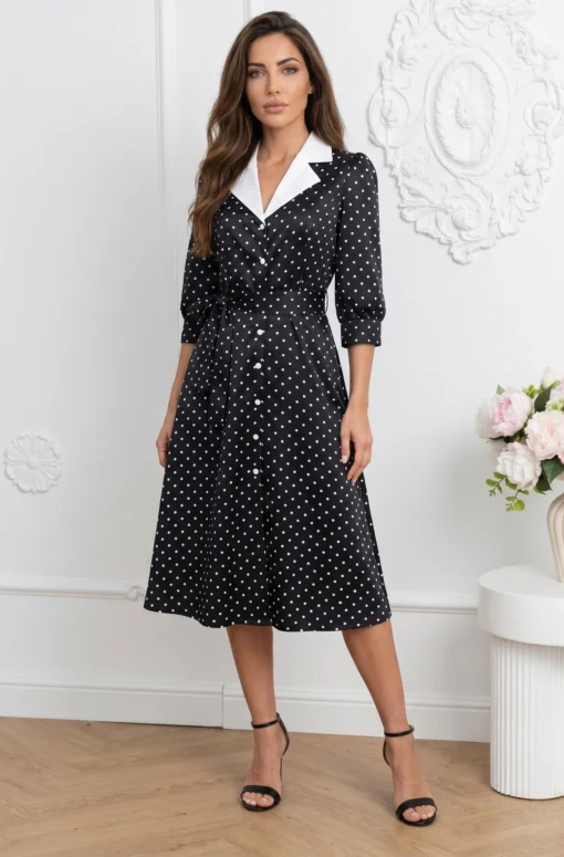 rochie-midi-eleganta-neagra-cu-buline-si-aspect-satinat