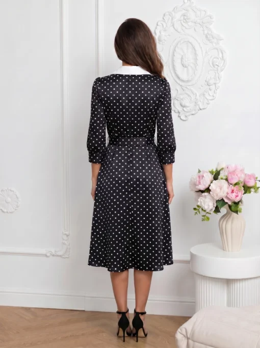 rochie-midi-eleganta-neagra-cu-buline-si-aspect-satinat