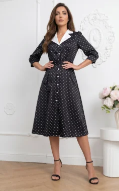 Rochie midi eleganta neagra cu buline si aspect satinat