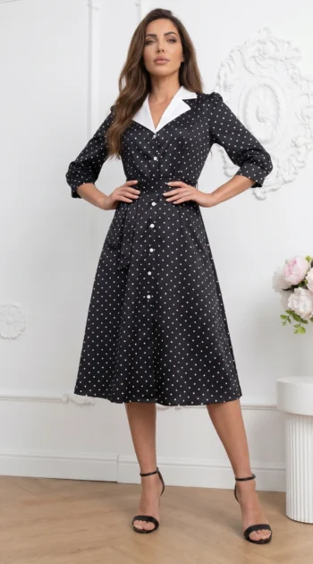 rochie-midi-eleganta-neagra-cu-buline-si-aspect-satinat