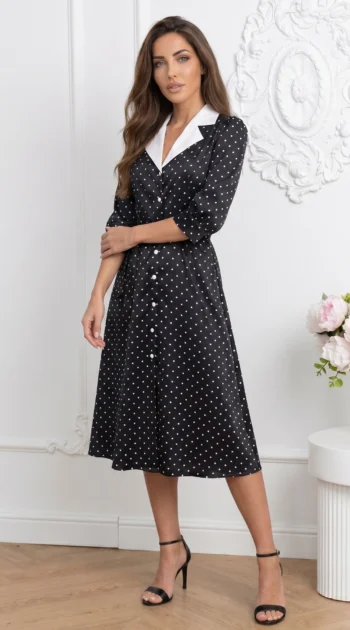 rochie-midi-eleganta-neagra-cu-buline-si-aspect-satinat