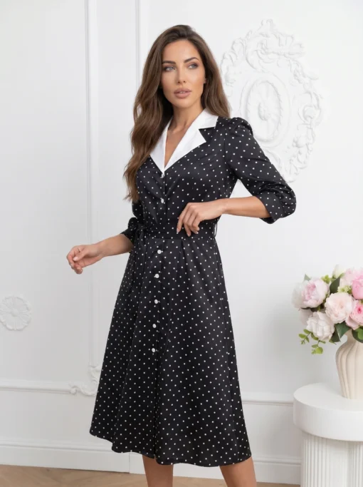 rochie-midi-eleganta-neagra-cu-buline-si-aspect-satinat