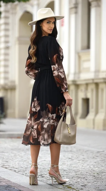 rochie-midi-eleganta-neagra-cu-imprimeu-floral-maro
