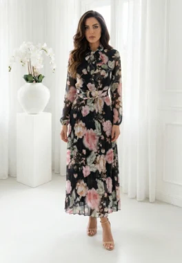 Rochie midi eleganta neagra cu imprimeu floral si fusta plisata