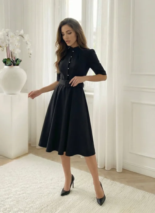 rochie-midi-eleganta-neagra-cu-nasturi-tip-perla-si-curea