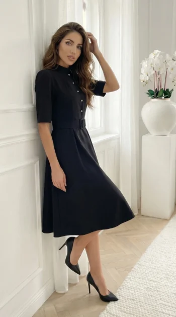 rochie-midi-eleganta-neagra-cu-nasturi-tip-perla-si-curea