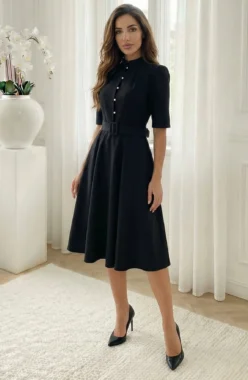 Rochie midi eleganta neagra cu nasturi tip perla si curea