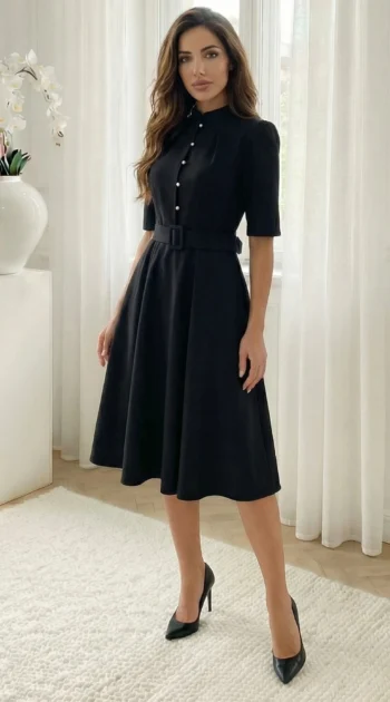 rochie-midi-eleganta-neagra-cu-nasturi-tip-perla-si-curea