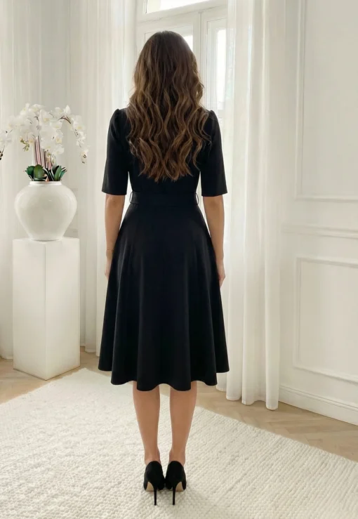 rochie-midi-eleganta-neagra-cu-nasturi-tip-perla-si-curea