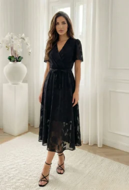 Rochie midi eleganta neagra cu textura florala