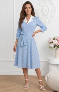 Rochie midi eleganta albastra cu buline si aspect satinat