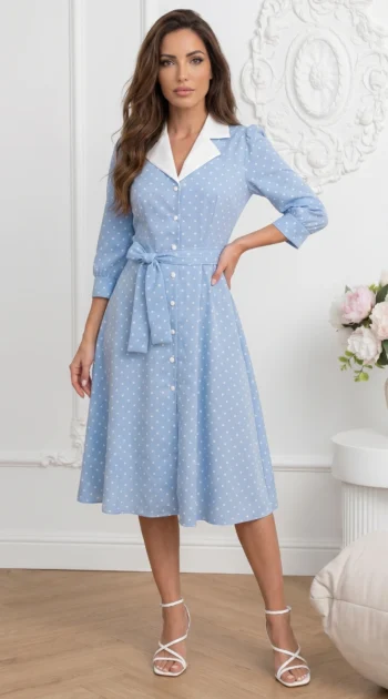 rochie-midi-eleganta-rosie-cu-buline-si-aspect-satinat